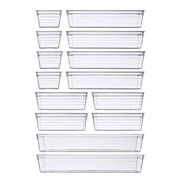 DCA 14 Pcs Plateau Organisateur de Tiroir en Plastique Transparent, 4 Tailles de Séparateurs de Tiroir de Bureau et Bacs de Rangement pour Maquillage, Ustensiles de Cuisine, Bijoux et Gadgets