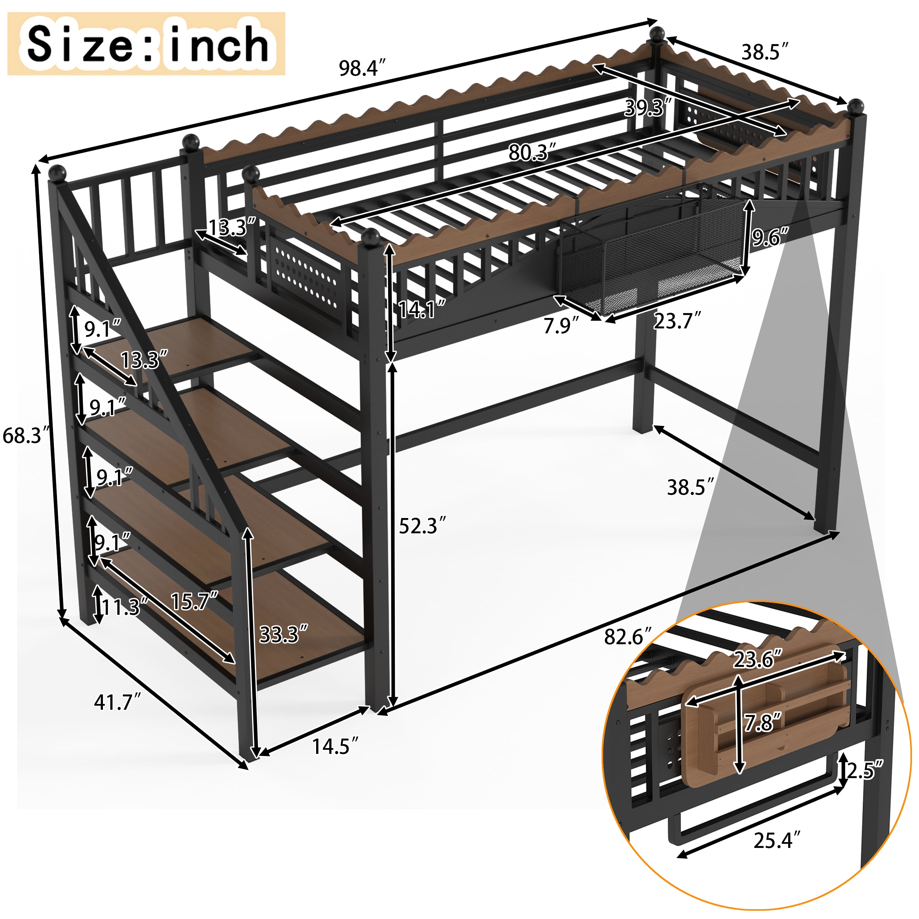 Twin XL Size Loft Bed with Storage Stairs & Bookshelf, Metal Loft Bed Frame with Storage Shelves, Space-Saving Loft Bed for Dorms, Small Bedroom, Black