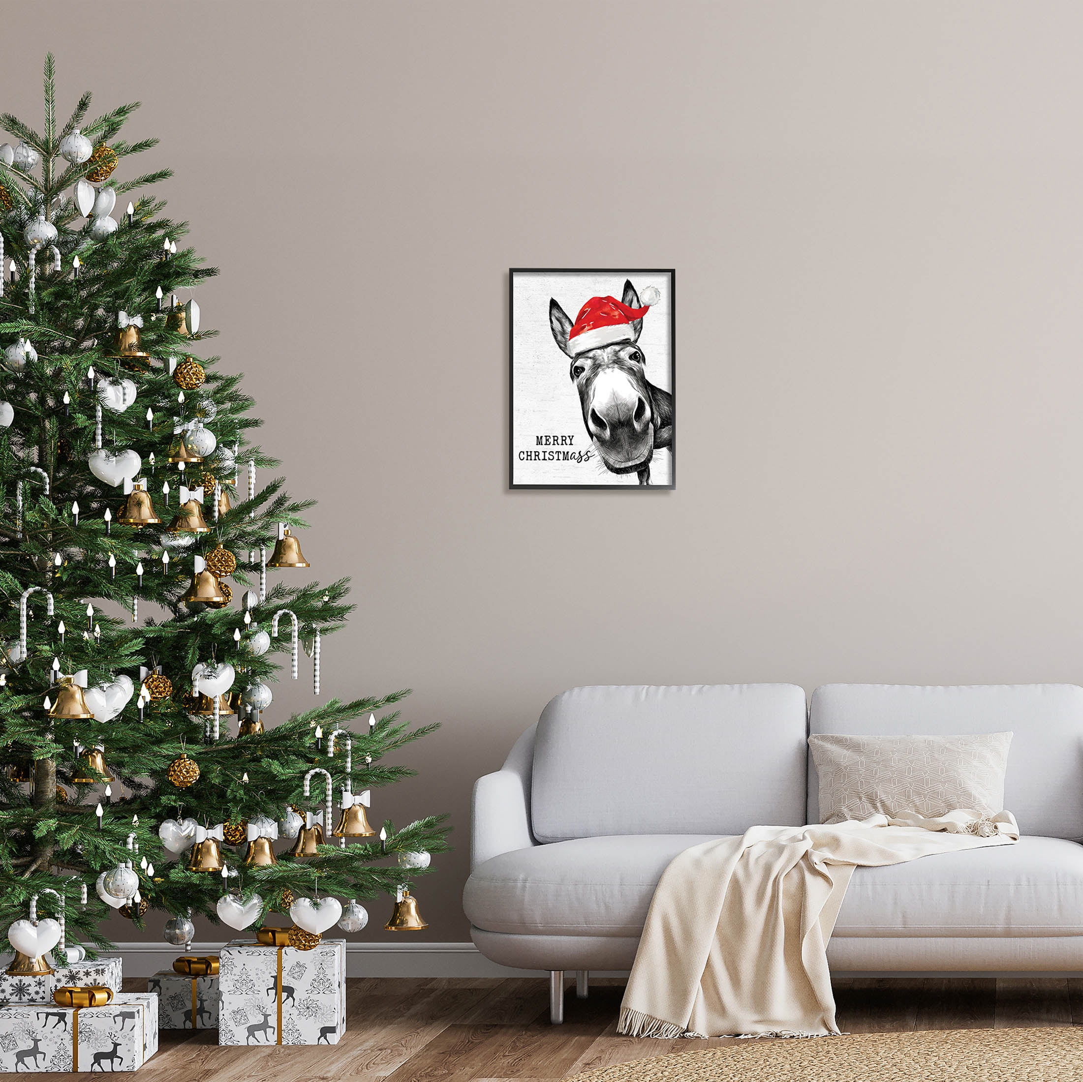 Stupell Industries Merry Christmass Funny Donkey Graphic Art Black Framed Art Print Wall Art, Design by Lettered and Lined