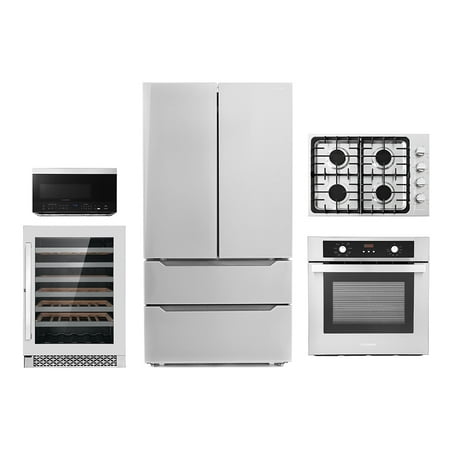 5 Piece Kitchen Package With 30  Gas Cooktop 30  Wall Mount Range Hood 24  Single Electric Wall Oven 30  Over-The-Range Microwave & French Door Refrigerator