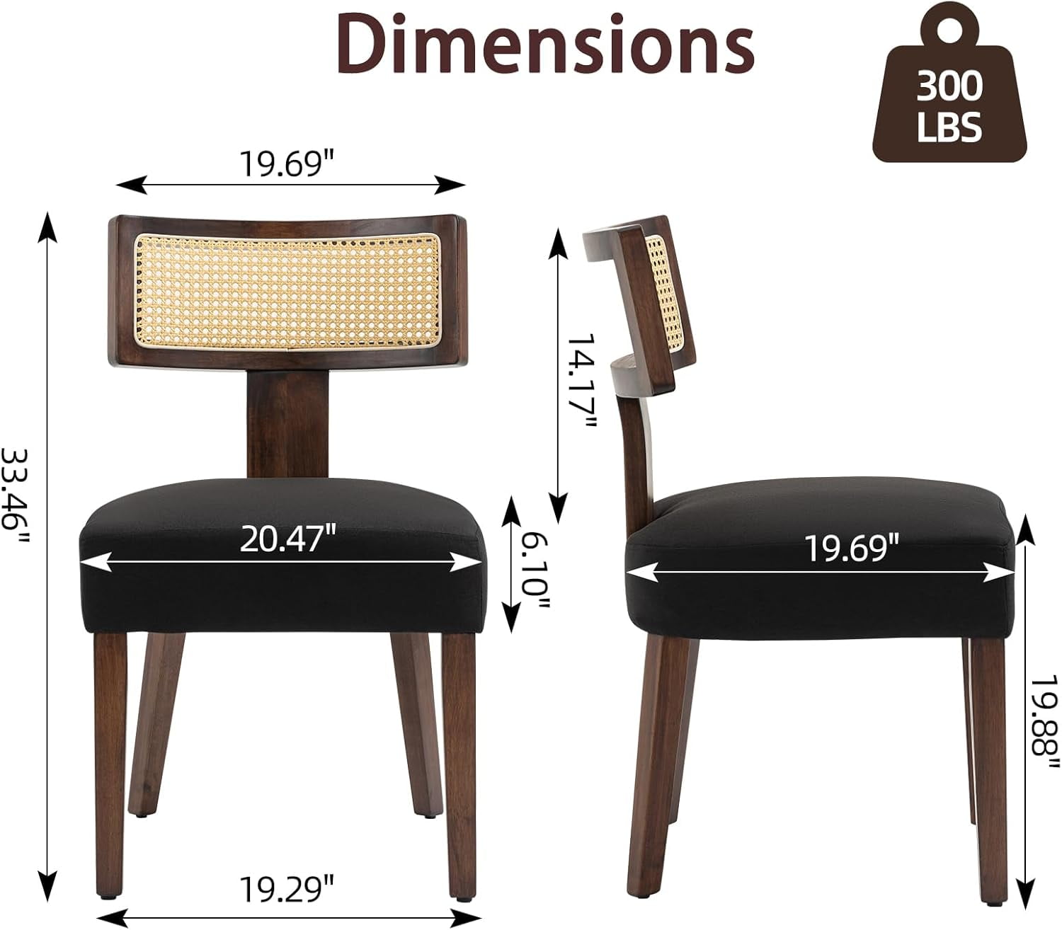 Newnno Rattan Dining Chairs Set of 4, Mid-Century Modern Kitchen & Living Room Chair with Cane Curved Back & Hardwood Frame in Dark Walnut Finish, Black Linen Upholstered