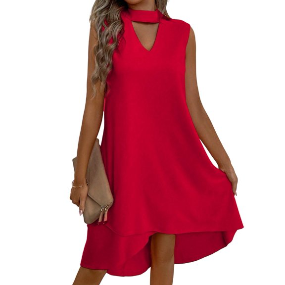 Women V-Neck Floral Printed A-Line Elegant Dresses Sleeveless Sundress Casual Boho Dress Red XS