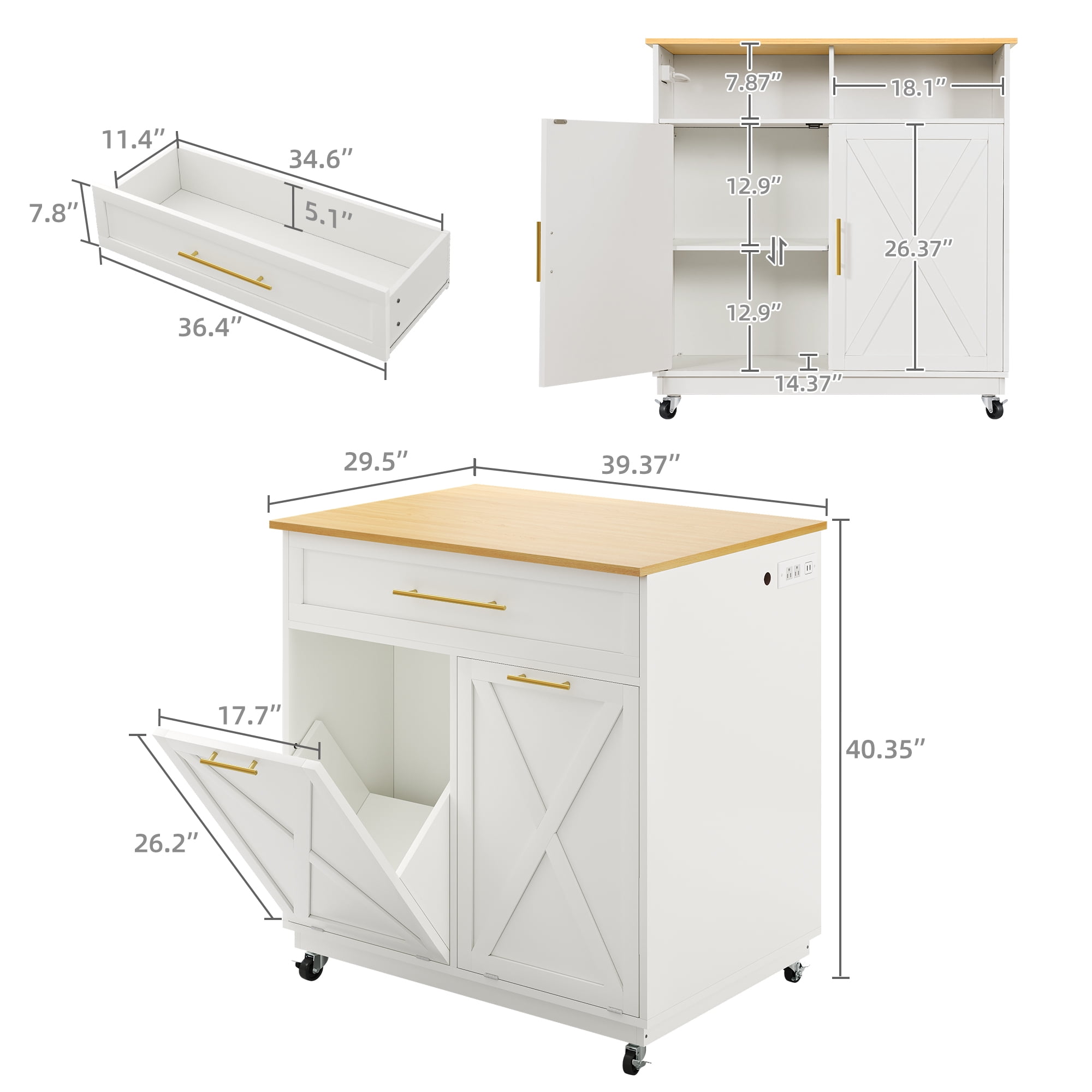 DWVO 39" Kitchen Island with 10 Gallon Double Tilt Out Trash Can and Charging Station, Rolling Island Cart with Storage Cabinet and 3 Drawers, White