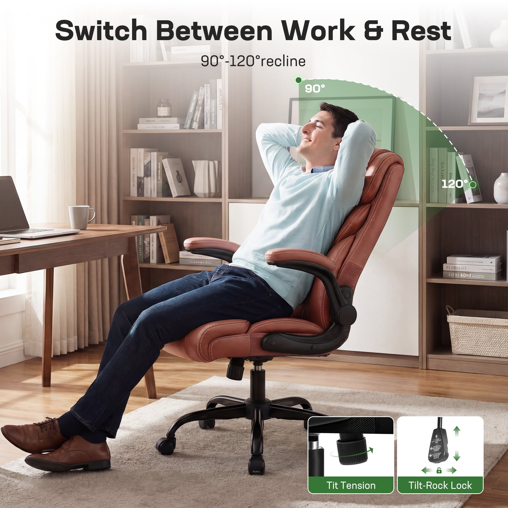 ATHOPE Leather Office Chair, Big and Tall Office Chair with Lumbar Support, High Back Executive Desk Chairs with Flip-up Armrest, Breathable PU Ergonomic Computer Chair, 360°Swivel Free, Brown