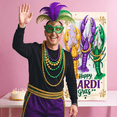 thumbnail image 6 of Colorful Mask Mardi Gras Banner Feather Adorned Carnival Display Purple Green Yellow Gold Accent Festive Backdrop for Carnival Party Mardi Gras Celebration Indoor Event, 6 of 7
