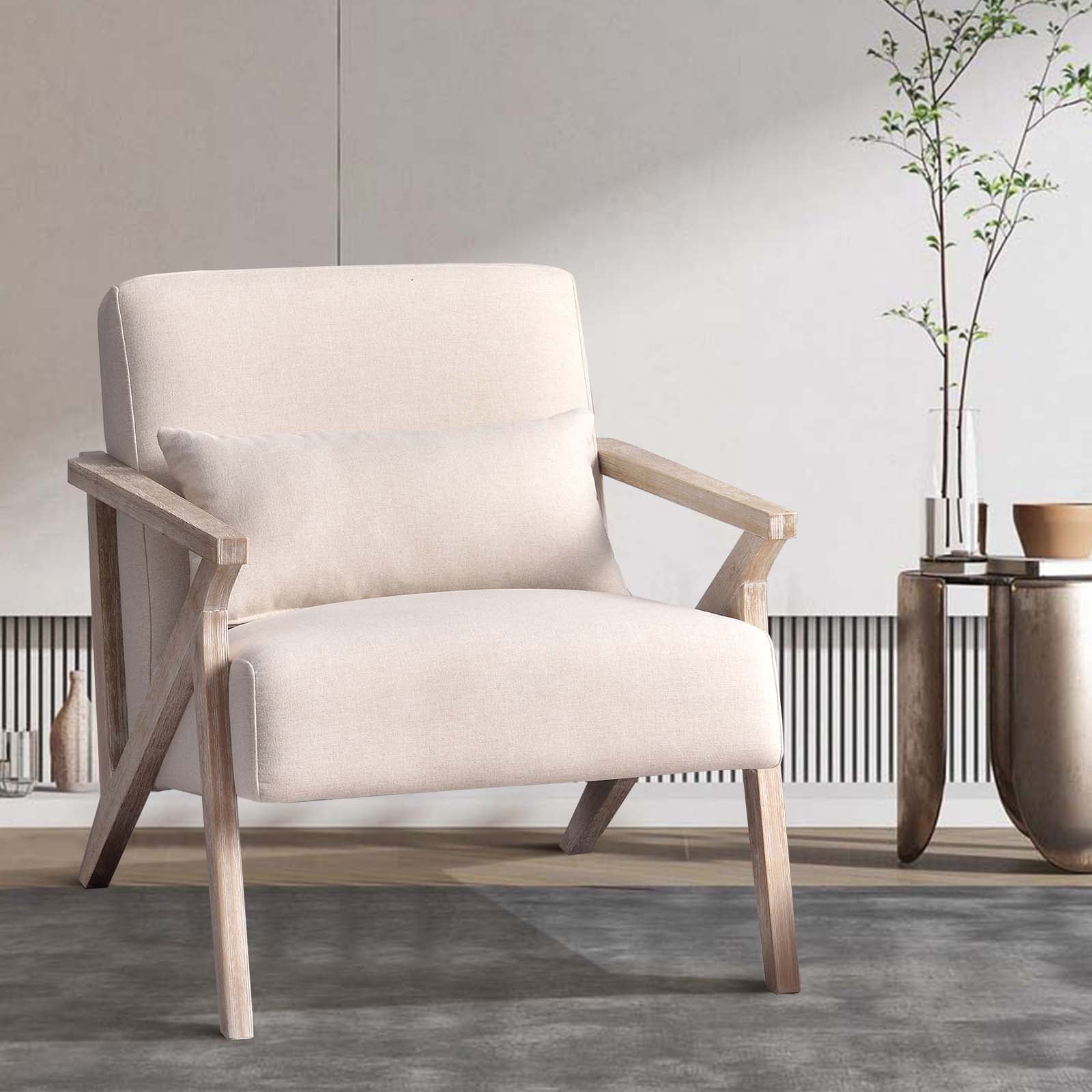 Ebello MidCentury Modern Elegance Armchair, Solid Wood Frame, Lounge Chair, Beige