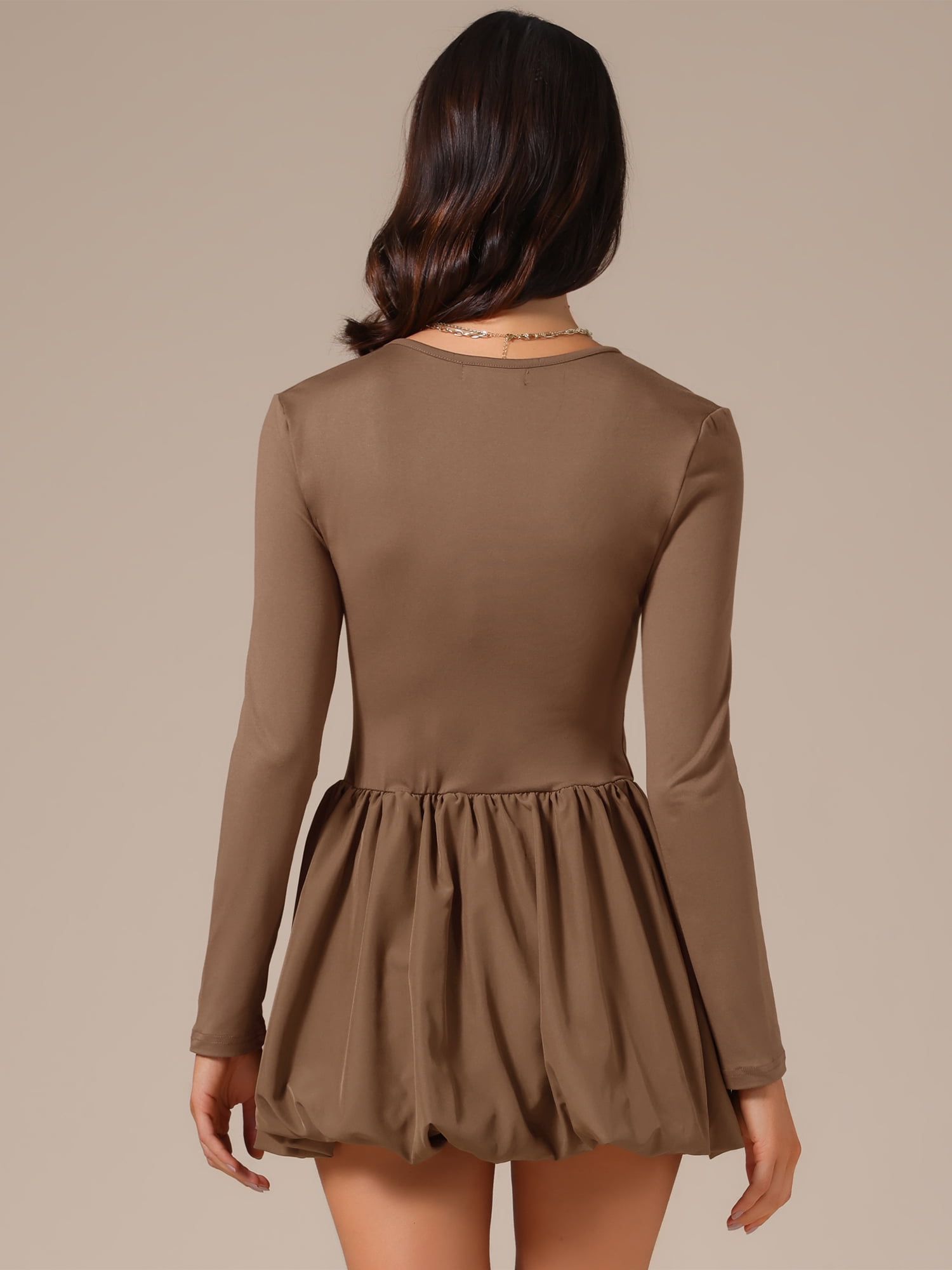 DARING DIVA Women's Scoop Neck Long Sleeve Slim Fit Bubble Skirt Dress XS Khaki