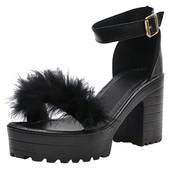 IUJSOY Womens Platform Heels Chunky High Heels Sandals Ankle Strap Fluffy Band Open Toe Dress Shoes