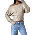 thumbnail image 3 of Women'S Cropped Sweaters Long Sleeve Off the Shoulder Sweater Y2k Going Out Tops Khaki M, 3 of 9
