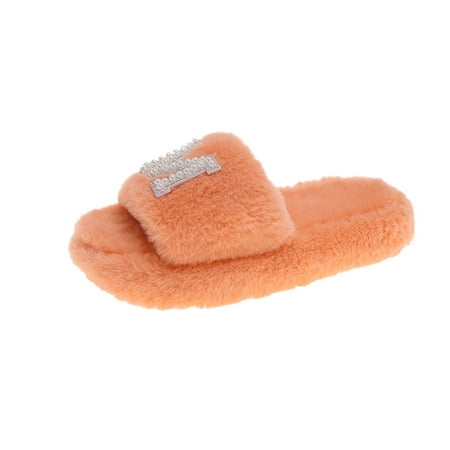 

Slip On Sandals For Women With Rhinestone Letters Plush Home Opening Cotton Floor Slippers Shoe