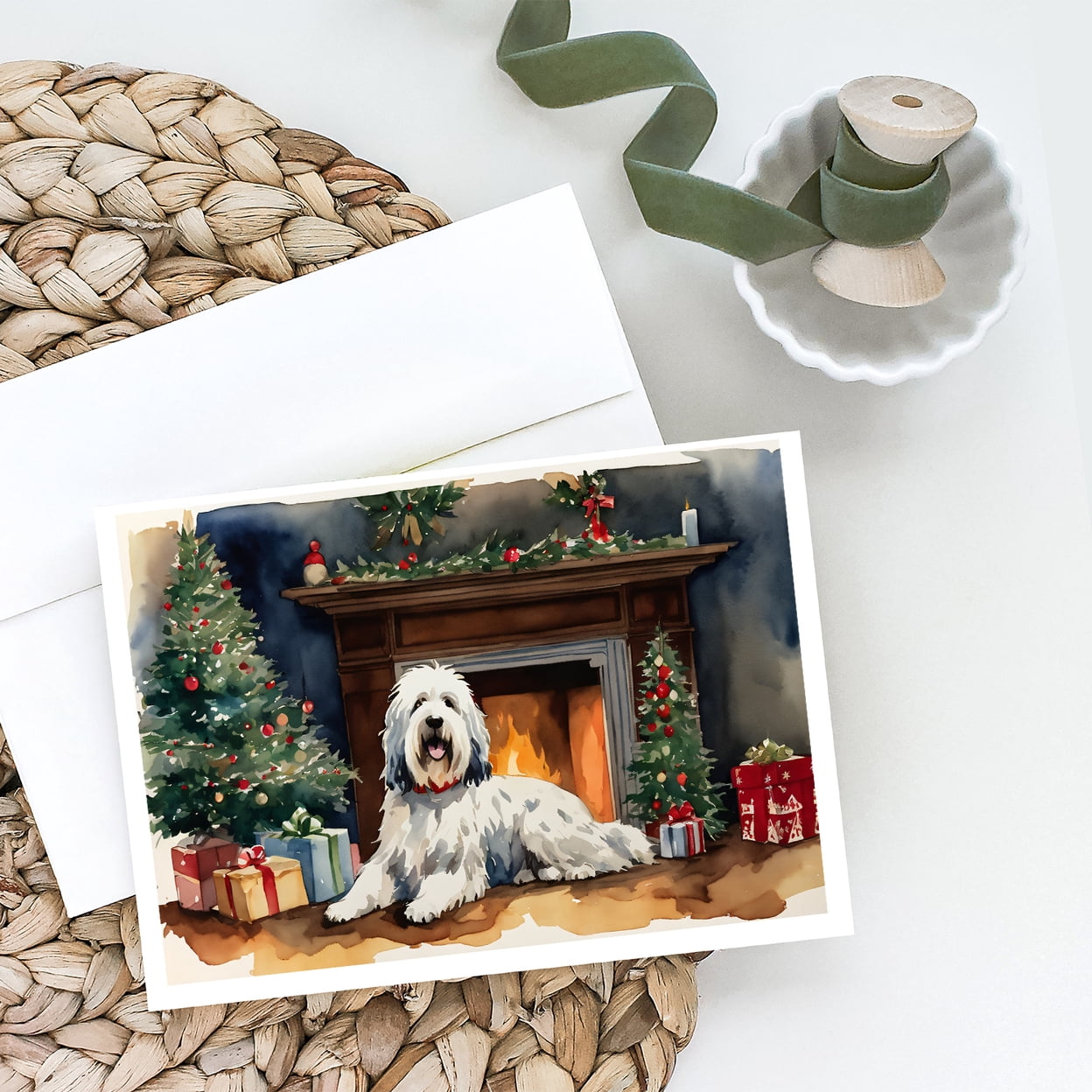 Old English Sheepdog Cozy Christmas Greeting Cards Pack of 8 7 in x 5 in