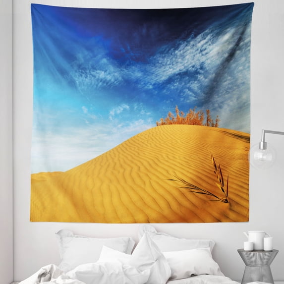 Landscape Tapestry, Hot Desert Sand Dunes and Dry Plants Open Sky Nature Art Print, Fabric Wall Hanging Decor for Bedroom Living Room Dorm, 5 Sizes, Blue and Apricot, by Ambesonne