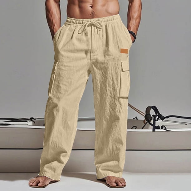 Ceisia Men's Solid Color Cotton-Linen Blend Cargo Pants, Drawstring Elastic Waist Casual Trousers for Men Khaki M Gifts