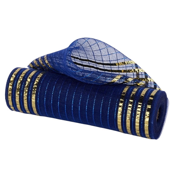 Navy Blue and Gold 10" Fine Weave Deco Poly Mesh with Metallic Laser Foil Stripes - Fabric Ribbon for Wreaths, Bows, Crafts, and Party Decorations
