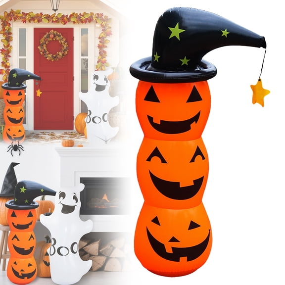 CSSJKYJ 47 Inch Halloween Inflatable Pumpkins Outdoor Yard Decorations,Blow up Pumpkins with Witch’s Hat and Bright LED Lights, Spooky Stacked Pumpkins for Porch Holiday Indoor Party Home
