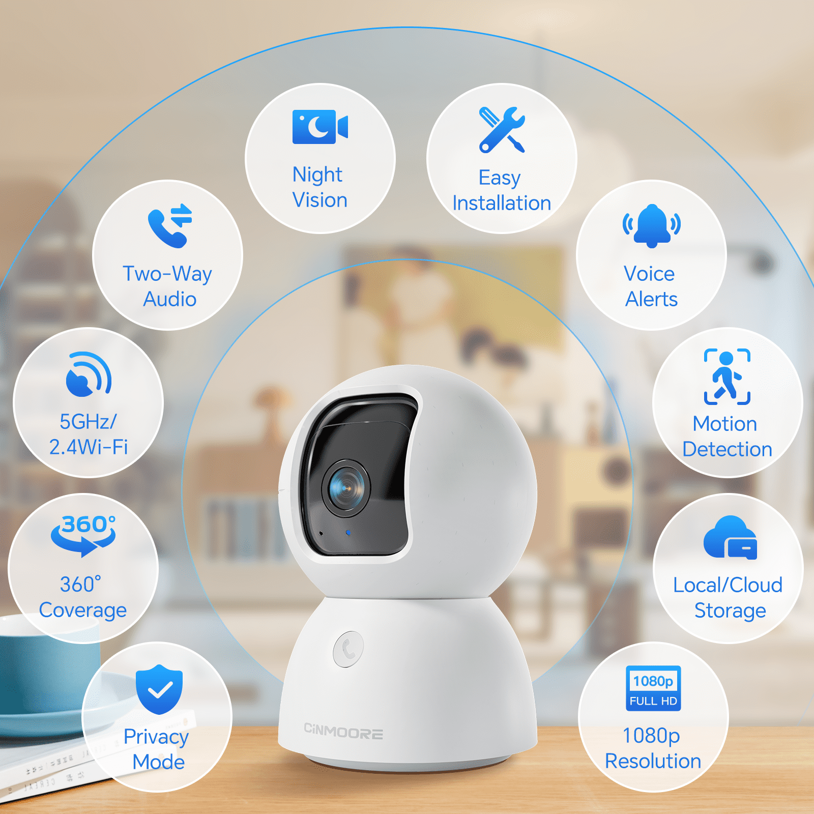 Wireless Baby Monitor Camera with 2K HD Resolution, 360° Panoramic View, Motion Tracking, Night Vision and Two-Way Audio for Home Security