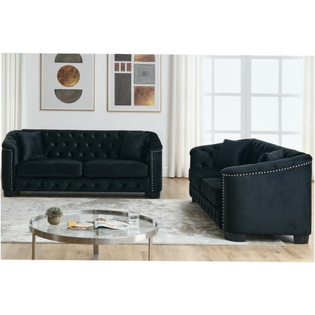 JERFIT Modern Chesterfield Sofa Set, 3 3 Seater Velvet Upholstered Sectional Sofa for Living Room, Black