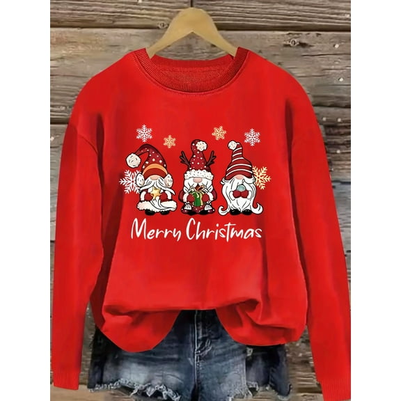 Vibrant Red Women's Christmas Pullover Sweatshirt | Long Sleeve Round Neck Top with Festive Snowflake & Star Design, Machine Washable Cozy Winter Holiday Apparel