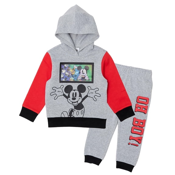 Disney Mickey Mouse Toddler Boys’ Outfit Set - Two Piece Hoodie Sweatshirt with Holographic Patch & Jogger Pants (Red 1, 2T)