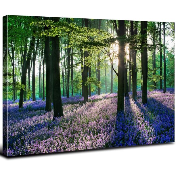 Arte mural de madera de roble verde, atardecer retro, paisajes naturales y bosques; pintura sobre lienzo de montañas al amanecer; pintura al óleo de bosque iluminado por la luz del sol
