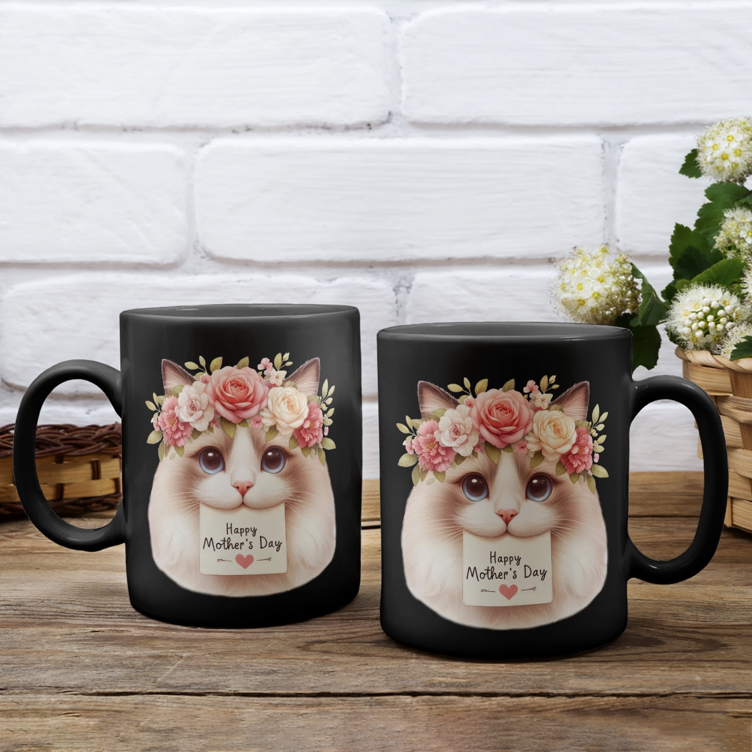 Happy Mother's Day Ragdoll with Flower Crown and Greeting Card Mug Cat Lover Kitten Owner Gifts Idea Coffee Tea Cup - 13004