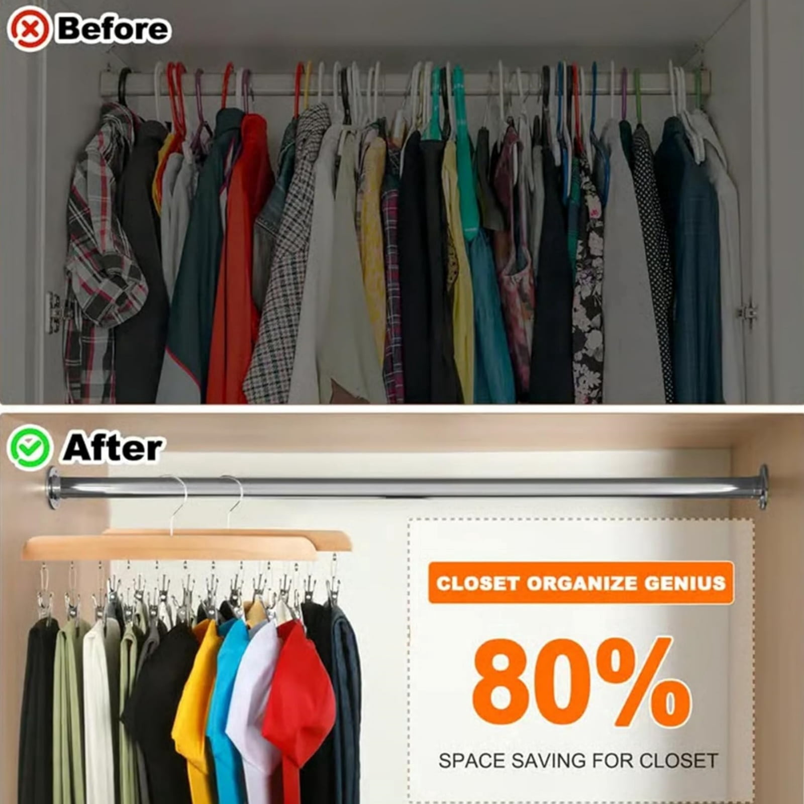 Closet Organizer with 10 Clips, Wooden Hanging Pants and Legging Hanger, 360° Rotating Hook Space Saving Closet Storage for Jeans Scarves Socks