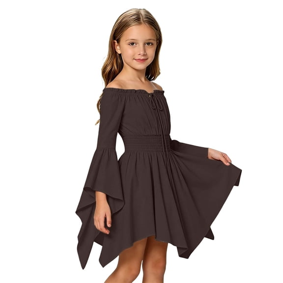 WOYY Toddler Girls Off The Shoulder Medieval Dress Bell Sleeve Asymmetrical Swing Dresses