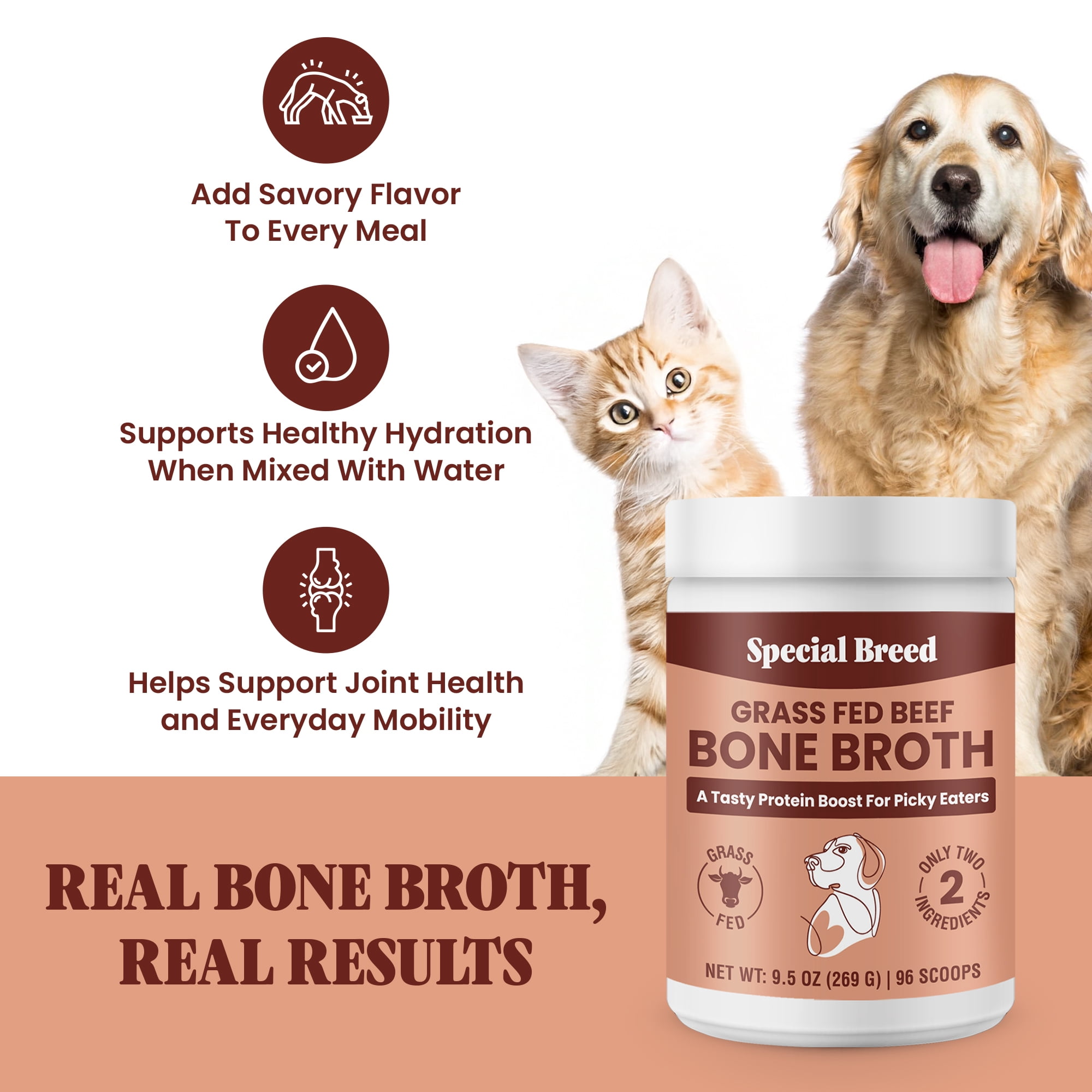 Bone Broth Powder for Dogs and Cats - Dog & Cat Food Topper for Picky Eaters - Grass Fed Beef Bone Broth Supplement - Supports Hydration, Joint, Immunity & Heart Health - Serve Dry or Wet - 9.5oz