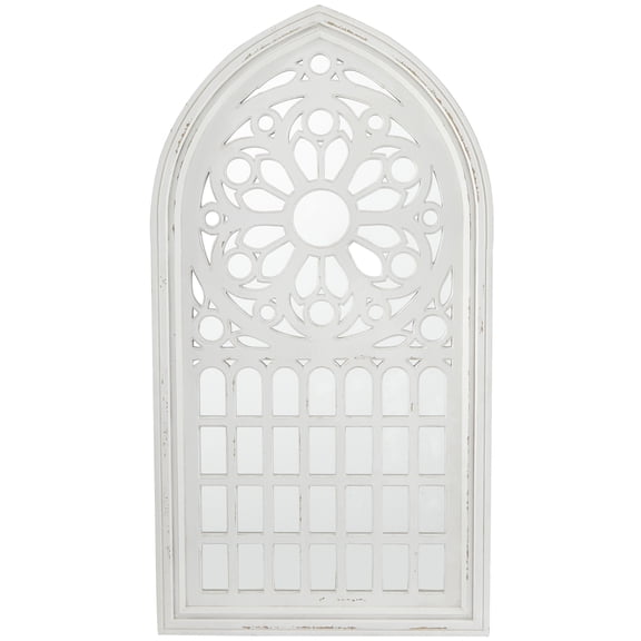 DecMode 28" x 52" White Carved Wall Mirror with Arched Window Panes