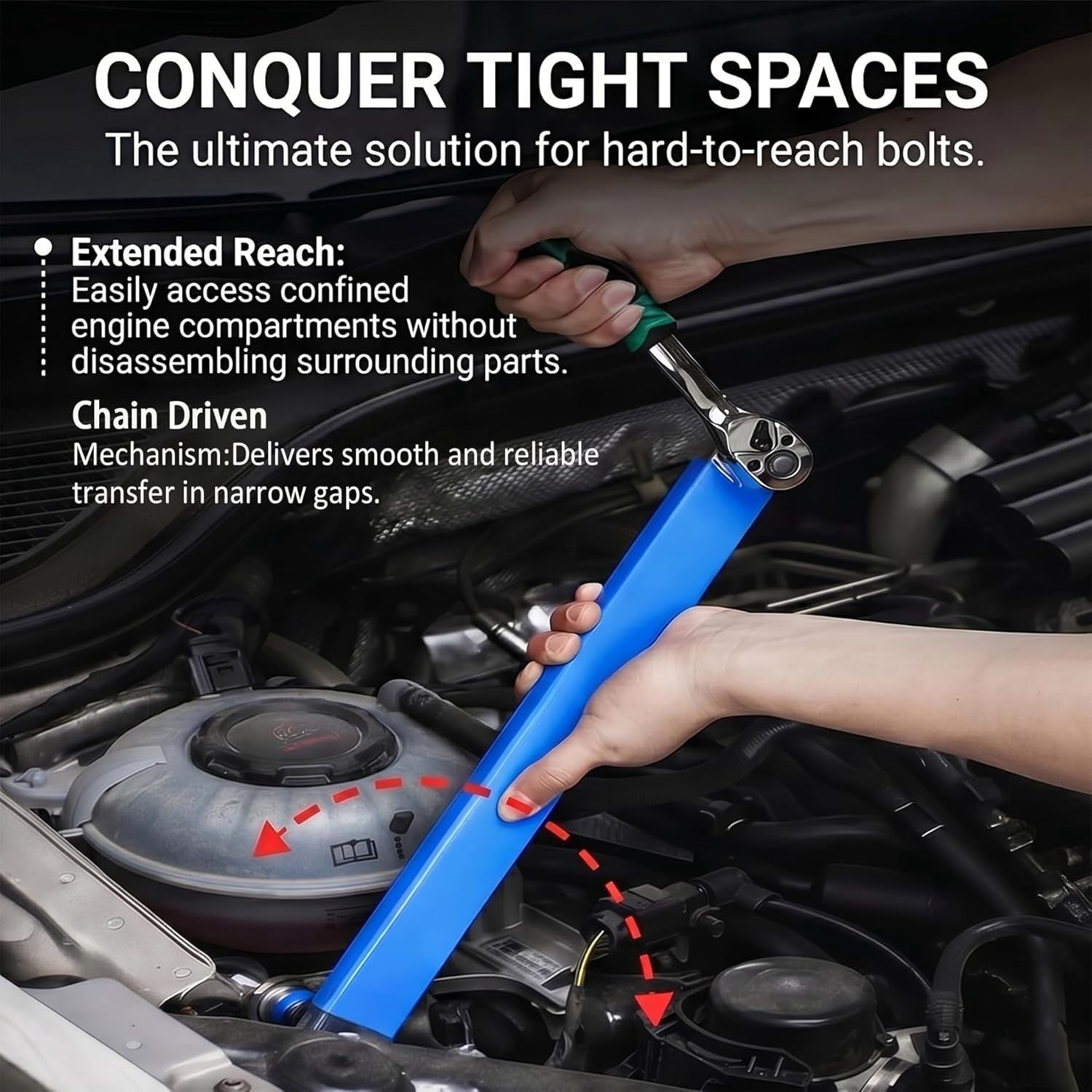 Bolthero Offset Extension Wrench, 15.4" Zero-Degree Chain-Drive Extender, 0.8" Ultra-Thin Profile, 4 Adapters 1/4" 3/8" 1/2" Drive, 53 Ft/Lb Impact Ready For Automotive Tight Space Repai