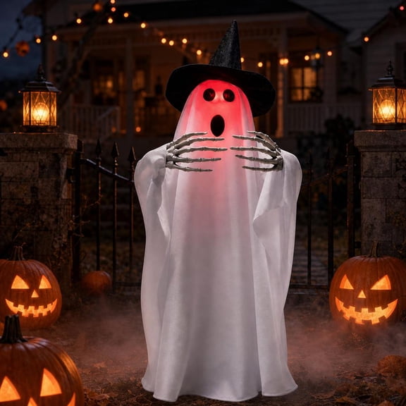 Halloween Animated Ghost Decorations, 26 Inch Sound Activated LED Ghost Prop, Walking Rotating Light Up Decor for Haunted House, Porch, Yard Party