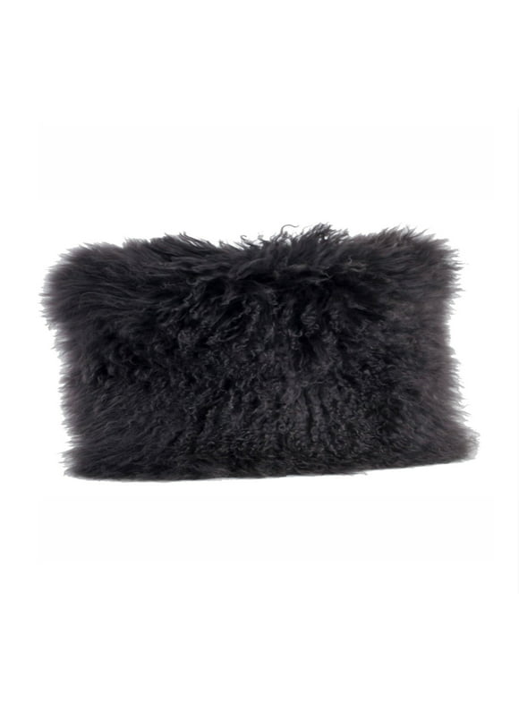 Dark Grey Color Real Mongolian Lamb Fur Pillow, Includes Pillow Filling.  12 Inch X 20 Inch  Oblong