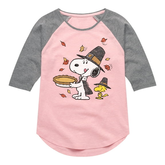 Peanuts - Snoopy and Woodstock Thanksgiving Scene - Toddler and Youth Girls Raglan Graphic T-Shirt