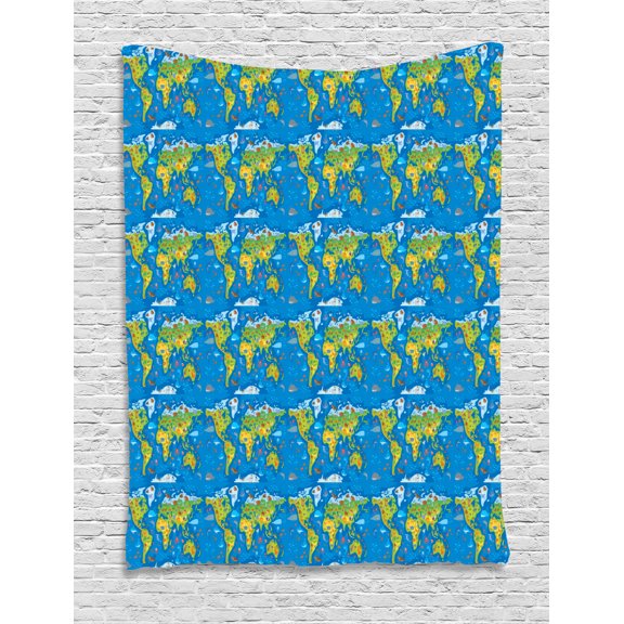 Earthy Tapestry, World Map in Green Shades and Full of Funny Animals Kids Geography Wildlife Theme, Wall Hanging for Bedroom Living Room Dorm Decor, 40W X 60L Inches, Multicolor, by Ambesonne