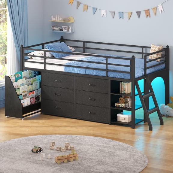 Frhnenha Low Loft Bed Twin Size with 6 Storage Drawers, Metal Loft Bed with 5-Tier Mobile Bookshelf and LED Lights, Under-Bed Play Space, No Box Spring Needed, Black