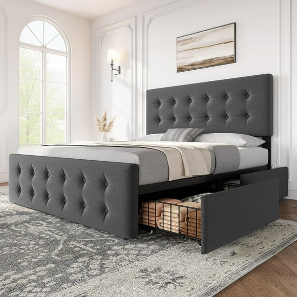 Cadre de Lit avec 4 Tiroirs de Rangement et Tête de Lit Ajustable, Base de Matelas Rembourrée en Lin Doux pour la Peau, Aucun Sommier Requis