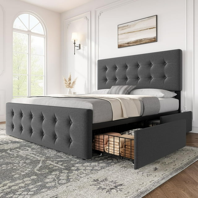 Bed Frame with 4 Storage Drawers and Adjustable Headboard, Upholstered Mattress Foundation with Skin-Frienly Linen, No Box Spring Needed