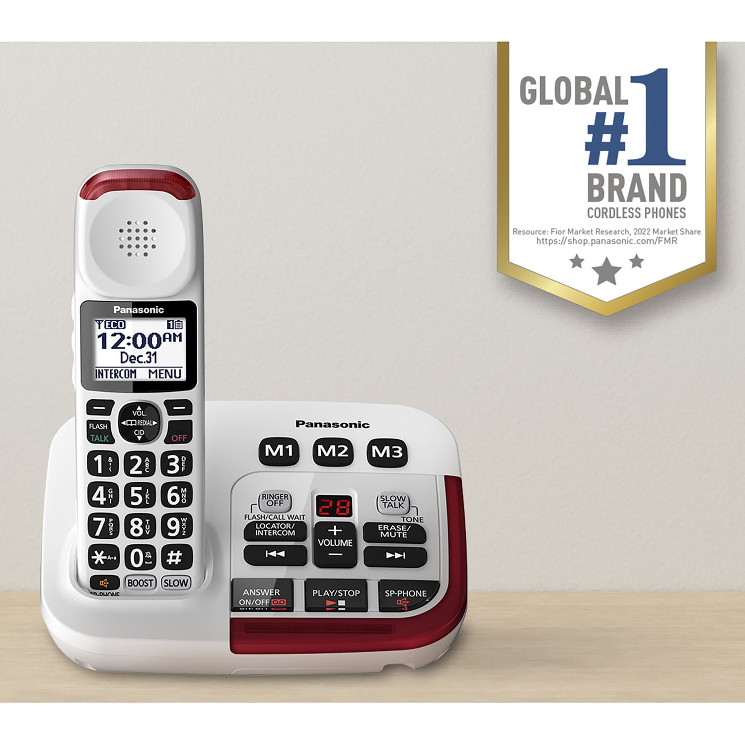 Panasonic DECT 6.0 Corded Cordless Amplified Phone with Answering Machine & Noise Reduction, White with Red Visual Ringer, KX-TGM420W