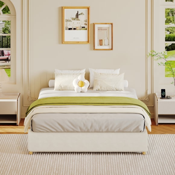 Yiwa Corduroy Cloud Platform Bed Frame, Soft Fabric Low Profile Base with Solid Wood Round Legs, Noiseless Design