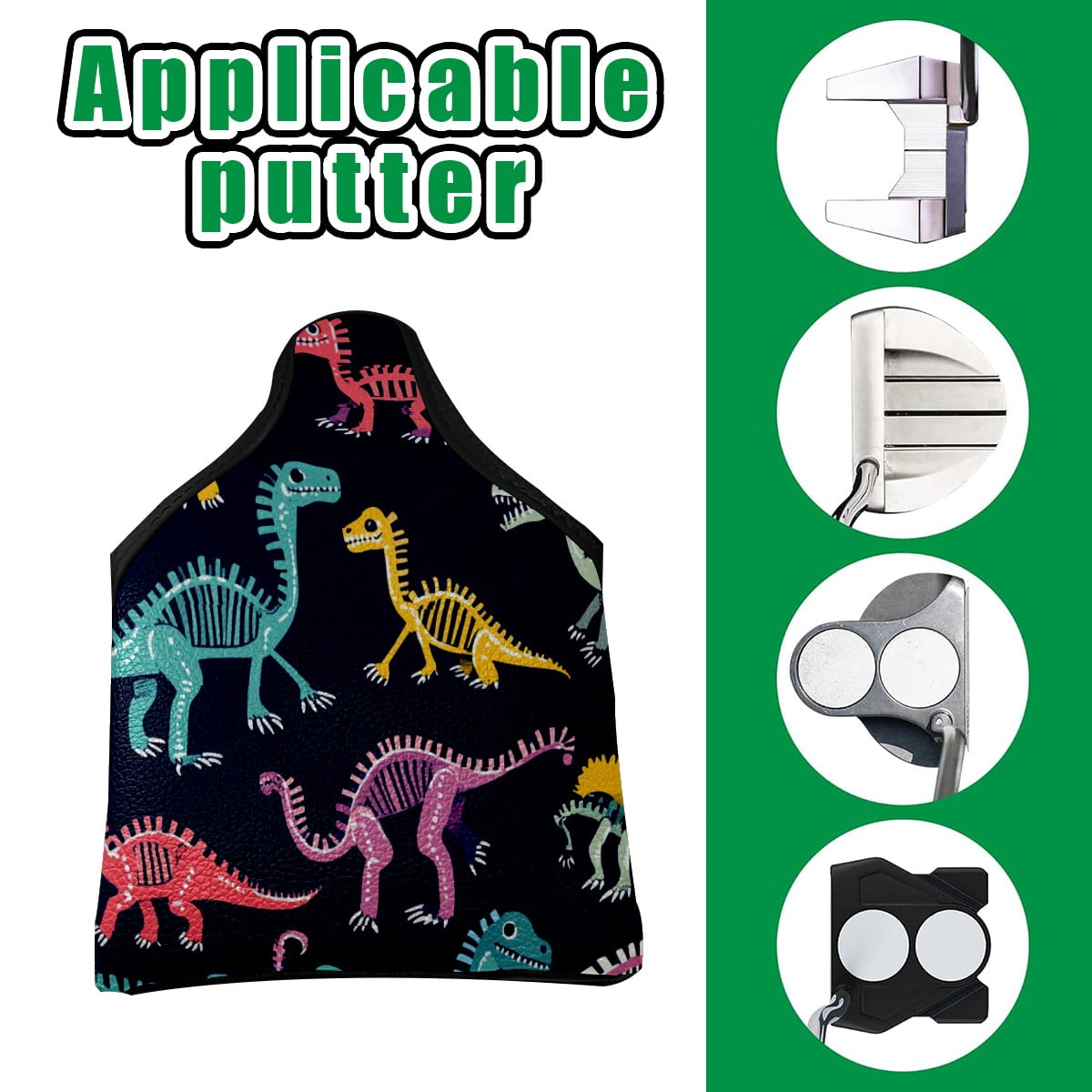 Golf Mallet Putter Cover Premium Leather Waterproof Golf Putter Head Cover with Magnetic Closure Cartoon Dinosaur