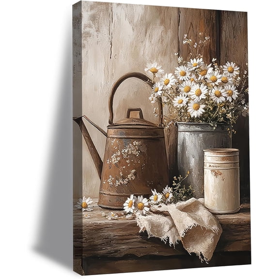 Framed Rustic Farmhouse Daisy Wall Art, Vintage Country Floral Canvas Prints, Botanical Still Life Painting, Rag & Rust Color Kettle Poster, Retro Flower Wall Decor for Home