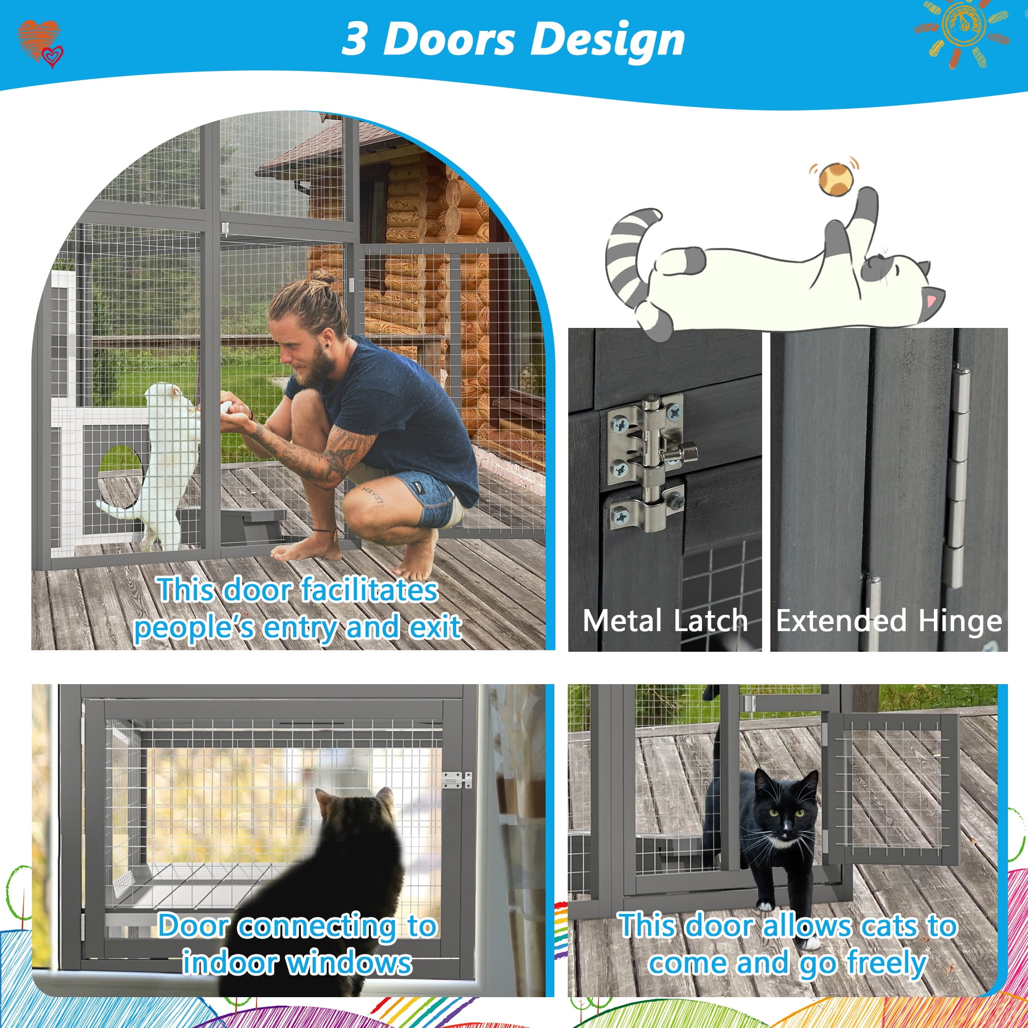 Seizeen Outdoor Catio Enclosure, 75''H Wooden Cat House w/Playpen for Kitty Indoor Use, Large Walk-in Cat Cage with  2 Jumping Platforms & 7 Napping Houses