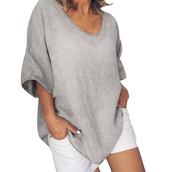 QLEICOM Womens Plus Size Summer Tops, Casual Loose Tops, Fashion Solid Cotton And Linen T Shirts, O-Neck Short Sleeve Fitting Pullover Tops Cardigan Blouse Khaki 4XL