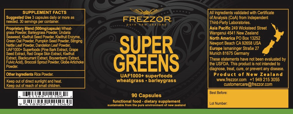 FREZZOR Super Greens Capsules with UAF1000+, Wheat Grass Supplement, 180 Count, 2 Bottle