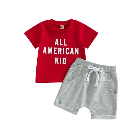 

jaweiwi Baby Toddler Boys 4th of July Shorts Clothes Set 0 6M 12M 18M 24M 2T 3T Short Sleeve Letters Print T-shirt with Rolled Hem Shorts Summer Outfit