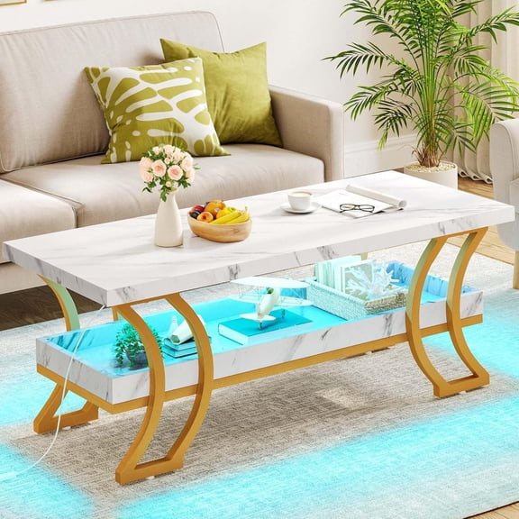 JL Modern Coffee Tables for Living Room White Marble Coffee Table Led Coffee Table with Storage 2-Tier Wood Center Table, Gold and White