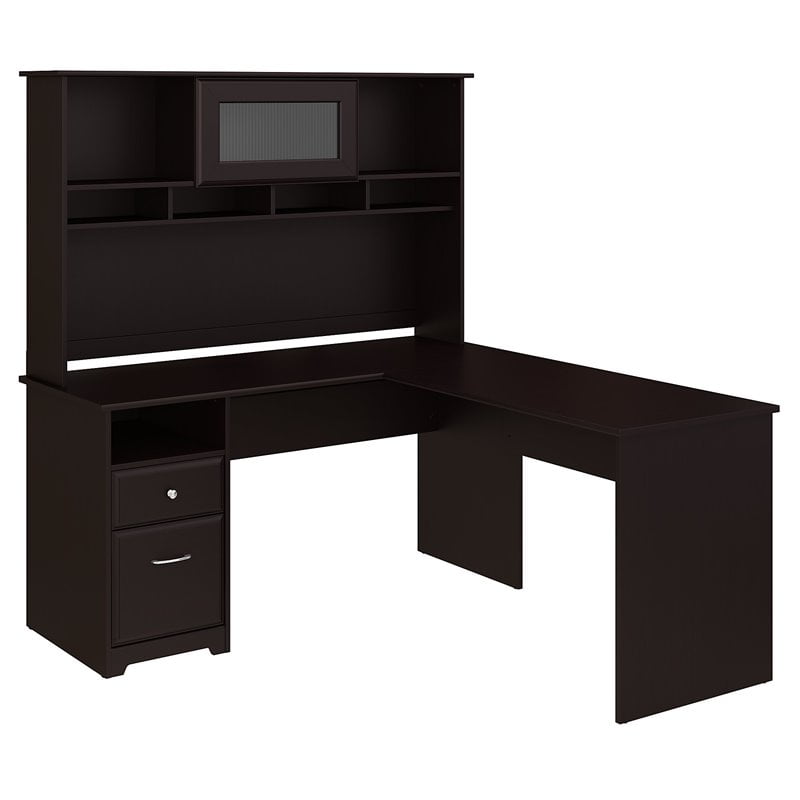 Bush Cabot 60w L Shaped Computer Desk With Hutch And Drawers In Bush Cabot 60w L Shaped Computer Desk With Hutch And Drawers In Espresso Oak