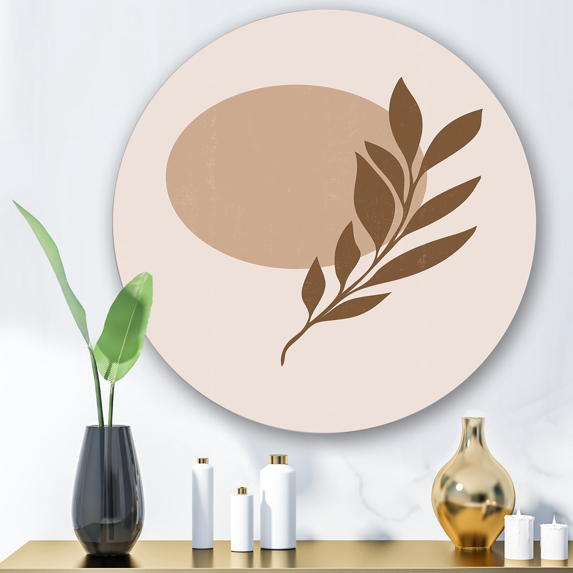 Designart 'Abstract Terracotta Moon and Sun With Tropical Leaf' Modern Circle Metal Wall Art 23x23 - Disc of 23
