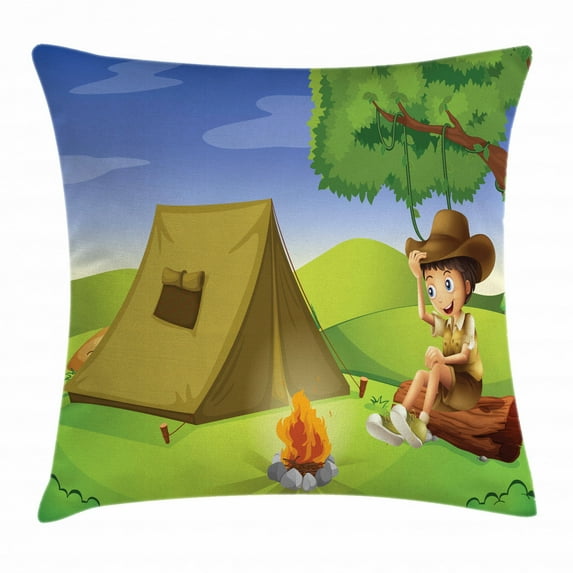 Boy Scout Throw Pillow Cushion Cover, Little Kid Sitting on A Trunk Camp Life Tent Joyful Panorama Illustration, Decorative Square Accent Pillow Case, 20 X 20 Inches, Green Brown Blue, by Ambesonne