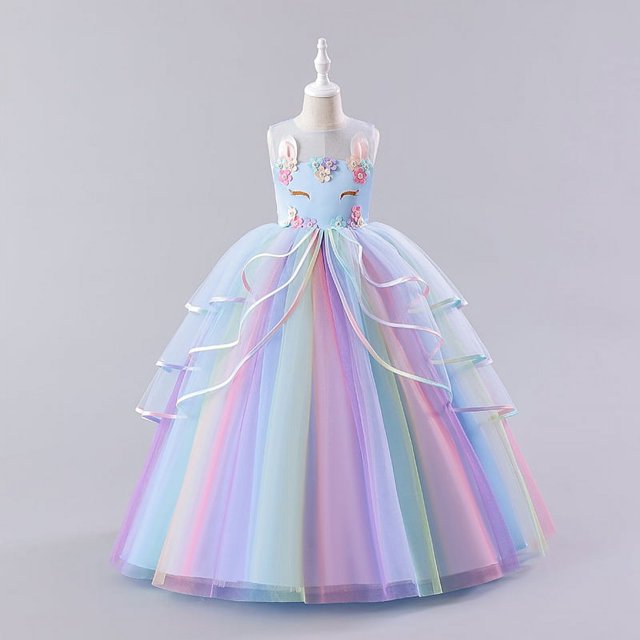 Vestido infantil europeo y americano Vestido para niñas Vestido de princesa de hilo abullonado de arcoíris de malla de unicornio